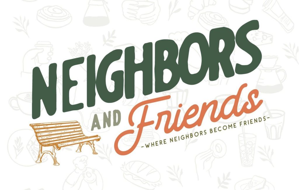 Neighbors and Friends cafe logo with a park bench illustration, a Pasadena coffee shop